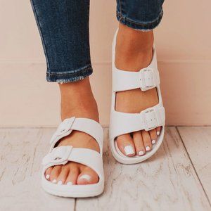 NEW Adjustable Double Buckled Straps Comfy Slip On Slides Slippers Sandals White